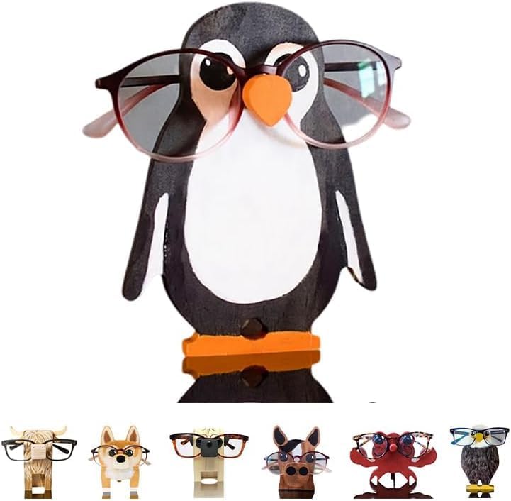 HyeeArt Wooden Animal Glasses Holder , Newsukie - Cute Solid Pine Wood Eyeglasses Stand,Carving Sunglasses Eyeglass Display Stand,Newsukie Creative Gift Glasses Holder for Desk (Flowers Highland Cow) (Penguin-1) - Image 1